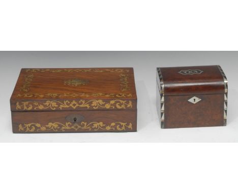 A Victorian rosewood and brass inlaid jewellery box, fitted velvet lined interior, 26.5cm wide, c.1860;   a tea caddy, inscri