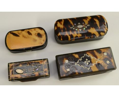 A 19th century silver piqué, tortoiseshell and horn rounded rectangular table-top snuff box, the veneered hinged cover decora