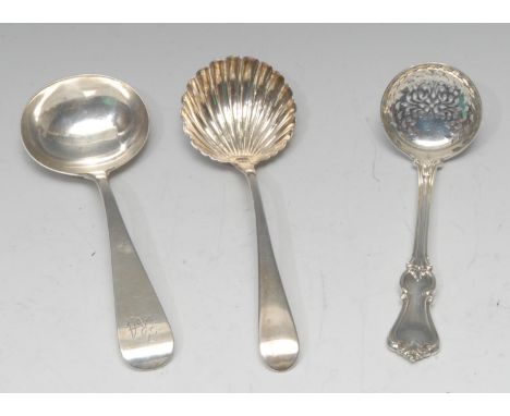 A George III silver Old English pattern ladle, fluted bowl, Richard Evans, London 1790;  another, Exeter 1838;  a Albert patt