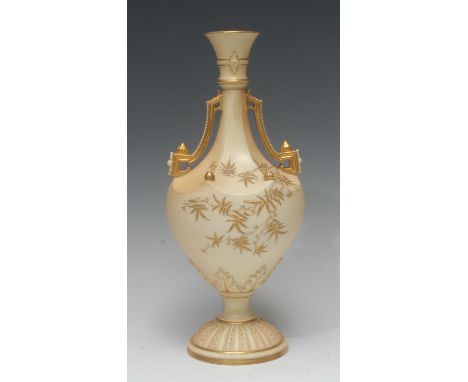 A Royal Worcester two handled pedestal vase, with flared panelled neck, angular gilt handles, applied with bud finials, domed