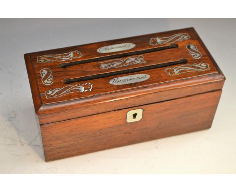 An early Victorian rosewood and mother of pearl marquetry rectangular post box, hinged cover with a pair of letter apertures,