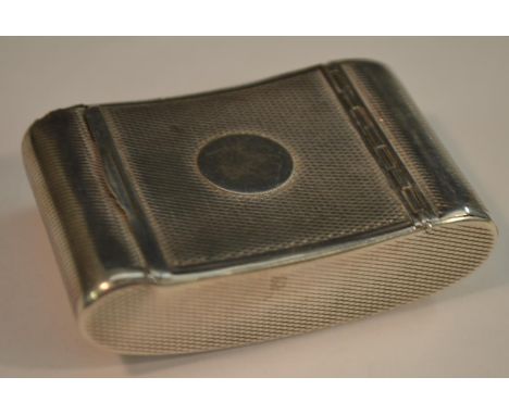 A 19th century silver coloured metal bowed rectangular snuff box, engine turned overall, hinged cover centred by a circular c