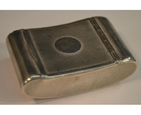 A 19th century silver coloured metal bowed rectangular snuff box, engine turned overall, hinged cover centred by a circular c