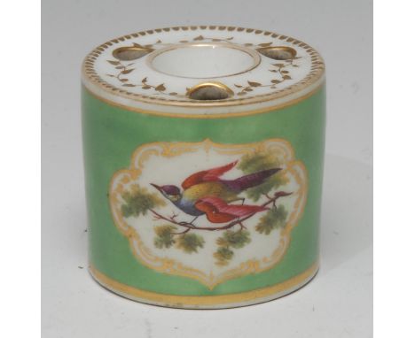 A Chamberlain Worcester  drum inkwell,  painted with a bird within a gilt cartouche, on an apple green ground, 4.5cm high,  s