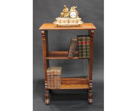 A 19th century walnut maitre d' stand, rectangular top above a two shelf bookcase undertier, shaped and panelled end supports