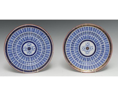 A pair of Worcester Music pattern dessert plates, hatched in Royal blue and gilt borders, red line rims, 21cm diam, c.1820