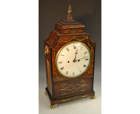 A Regency mahogany and brass marquetry bracket clock, 20.5cm slightly convex white enamel dial inscribed with Roman numerals 