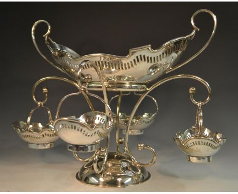 An E.P.N.S table centre epergne, the central boat shaped bowl with pierced border, above four smaller conforming, domed base,