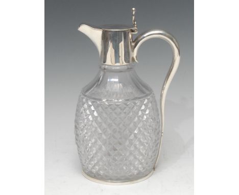A Victorian hobnail and strawberry cut silver mounted decanter, deep collar, hinged flat cover, scroll handle, 24cm high, Bir