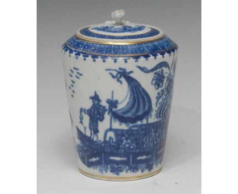 A Caughley Fisherman and Cormorant pattern cylinder tea canister and cover, printed in underglaze blue, cell border, flower f