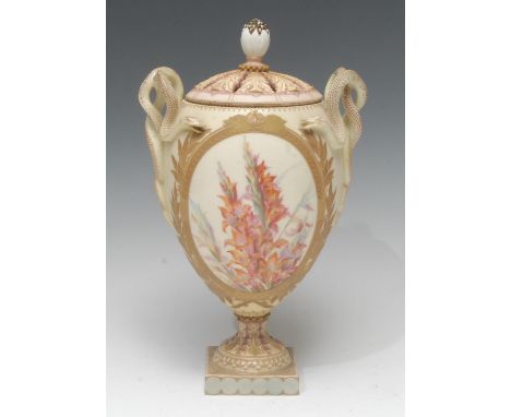 A Royal Worcester type two handled pedestal vase and cover, printed and painted with tall summer flowers within a tooled gilt