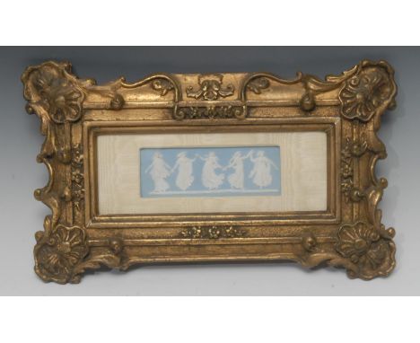 A 19th century Wedgwood Jasperware rectangular plaque, with classical dancing maidens, on a light blue ground, 5cm x 14cm, im