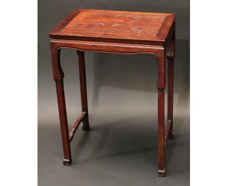 A Chinese hardwood occasional table, rectangular top inlaid in silvered wire with horses, shaped apron, scroll feet, 69cm hig