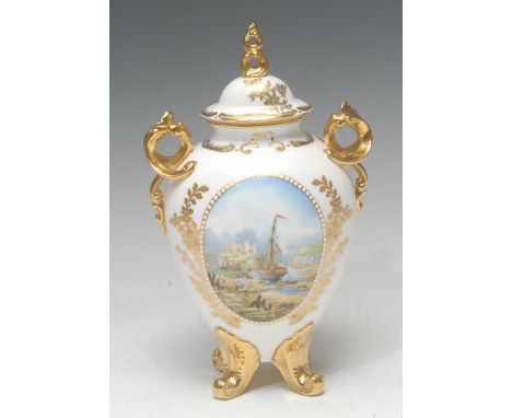 A Lynton porcelain ovoid vase and cover, painted by Stefan Nowacki, signed, with a boat in an estuary, a castle in the backgr