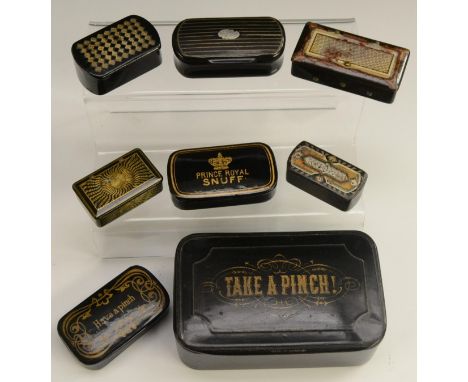 A large 19th papier-mâché rounded rectangular table-top snuff box, the cover inscribed in gilt: Take A Pinch!, 13cm wide, c. 