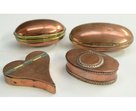 A 19th century Folk Art novelty copper snuff box, as a love heart, possibly a sweetheart's token, hinged cover, 6cm wide; a G