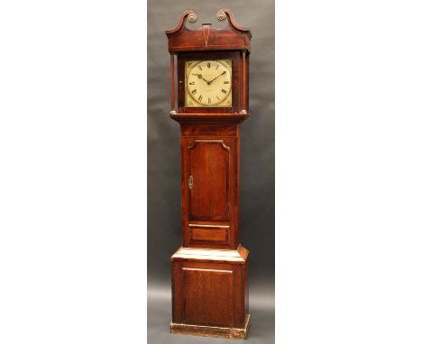 A George III mahogany crossbanded oak longcase clock, 28cm square painted dial inscribed John Bates, Kettering, Roman numeral