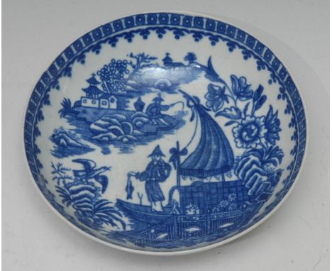 A Worcester Cormorant pattern saucer, decorated in underglaze blue, cell border, 13.5cm diam, c.1770