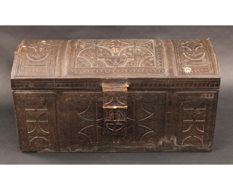 A North African tooled leather travelling trunk, embossed overall with geometric motifs, hinged cover, 41cm high, 80cm wide
