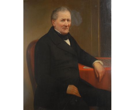 English School (mid-19th century)Portrait of a Gentleman, three-quarter length, sat by a table of plans with his draughtsman'