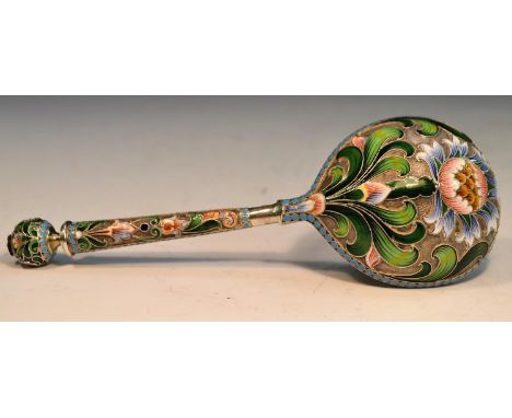 A large Russian silver and cloisonne enamel spoon, decorated in polychrome with flowers and scrolling leaves, 18.5cm long, Ko