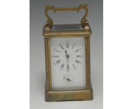 A 19th century French brass alarm carriage clock, the white dial with Roman numerals, subsidiary alarm dial, swing handle, th