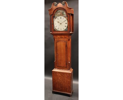 A George III oak and mahogany longcase clock, 32cm arched painted dial inscribed T&amp;J Hallam, Nottingham, painted to the a