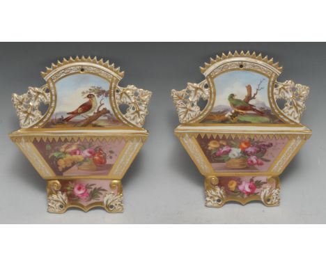 A pair of  English porcelain wall pockets, attributed to Spode, finely painted with a basket of flowers, the backs with birds