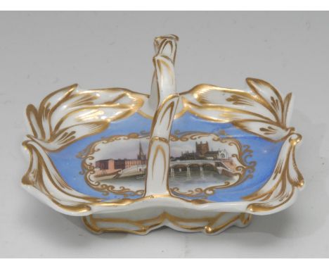 A Worcester Named View tray,  painted with a view of Worcester Cathedral from the Severn River, powder blue ground, the borde