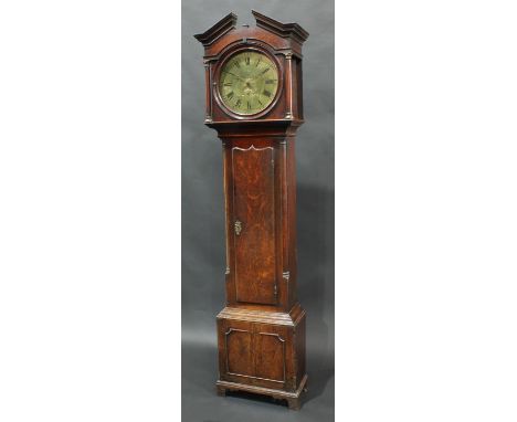 A George III oak longcase clock, 33cm circular brass dial inscribed James Wright, Derby, Roman and subsidiary Arabic numerals