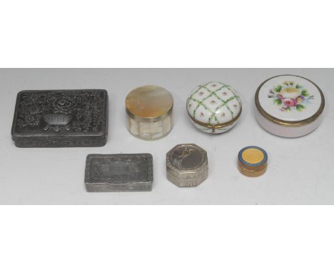 An early 19th century Rococo Revival pewter rounded rectangular snuff box, hinged cover, 6.6cm wide, c. 1830; a Middle Easter