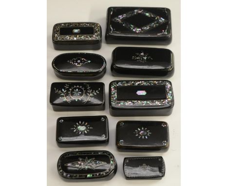 A mid-Victorian black papier-mâché rounded rectangular snuff box, the hinged cover with abalone shell marquetry kite-shaped l