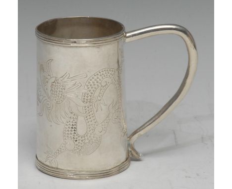 A Chinese silver spreading cylindrical christening mug, engraved with scrolling dragons chasing the flaming pearl, loop handl