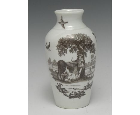 A Worcester Rural Lovers pattern tapering ovoid vase, printed in monochrome with an engraving after Robert Hancock, with a bo