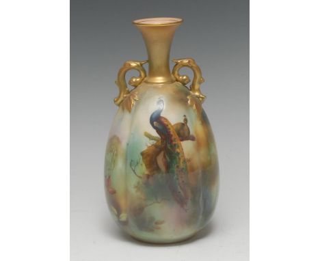 A Royal Worcester lobed ovoid vase, painted with peacock and peahen, gilt scroll handles to shoulders, spreading neck, 20cm h