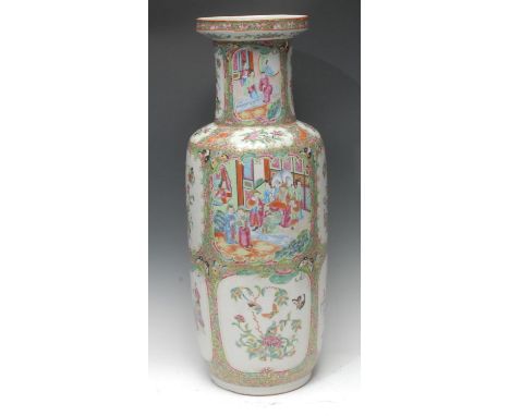 A large Chinese famille verte Rouleau vase, typically painted in polychrome enamels with traditional Court and domestic figur