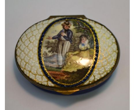 A George III South Staffordshire enamel oval patch box, the hinged cover printed in polychrome with a sailor taking leave of 