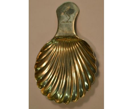 A George III provincial silver shell shaped caddy spoon, 7cm long, William Stalker &amp; John Mitchison, Newcastle c.1770