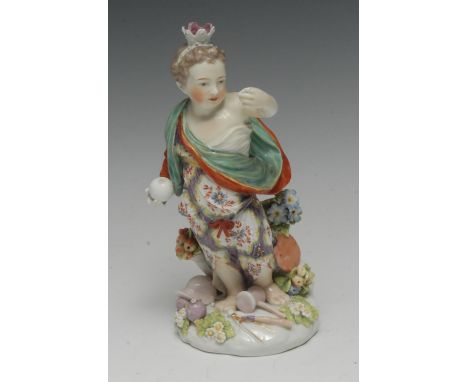 A Derby Patch Mark figure, Europe, she stands wearing flowing robes, wearing a crown and holding an orb, in polychrome, 22cm 