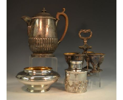 A Regency Old Sheffield Plate cylindrical tea caddy, push-fitting cover, the side embossed with a procession of Bacchic infan