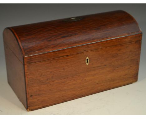 A George III partridgewood domed rectangular  tea caddy, satinwood and boxwood strung, the interior with three sections, 30cm