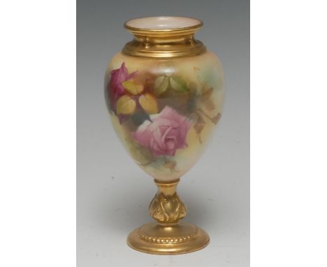 A Royal Worcester pedestal ovoid vase, painted with large pink and red cabbage roses, gilt knopped stem, 15.5cm high, printed