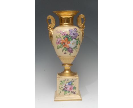 A large Paris two handled pedestal ovoid vase, decorated with colourful summer flowers on a light coral ground, gilt swan han