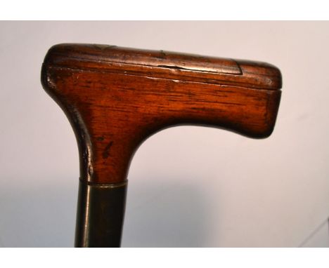 A 19th century gentleman's novelty snuff box walking stick, the L-shaped rosewood handle with 'puzzle' cover inlaid with bras