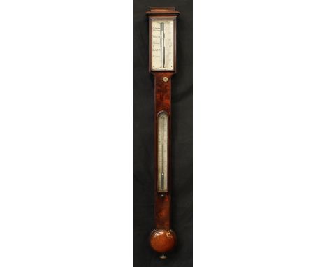 An early Victorian mahogany stick barometer, 7.5cm register inscribed Abraham &amp; Dancer, Manchester, mercury thermometer, 