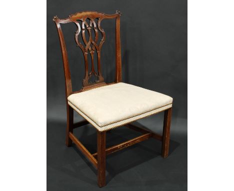A Chippendale period mahogany side chair, shaped cresting rail, pierced splat, stuffed over seat, chamfered square legs, H-st