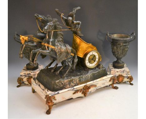 A 19th century French gilt and patinated metal clock garniture, cast as a charioteer, titled Course Romaine, 9cm dial with en