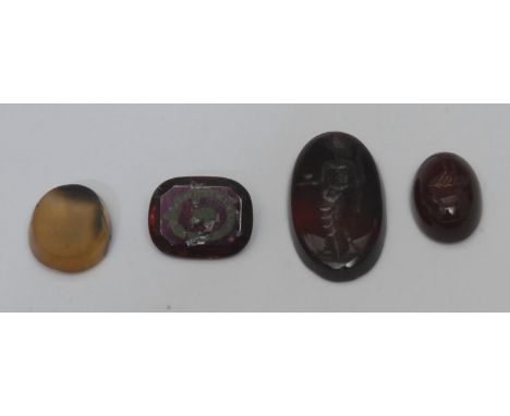Loose Gemstones, intaglio panels, mostly Amethyst and Garnet, mixed shapes and colours, cabochon cut, inc seal stamps, birds,