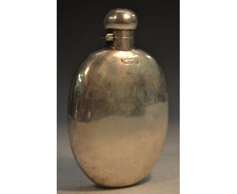 A Victorian silver oval hip flask, quite plain, domed hinged bayonet cover, 14.5cm long, William Hutton &amp; Sons Ltd, Londo