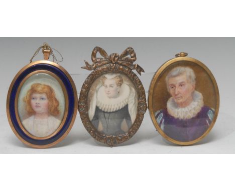 H**Rigby, early 20th century, a portrait miniature, Nancy, on ivory, gilt metal and blue enamel oval frame8cm x 6.5cm;  anoth